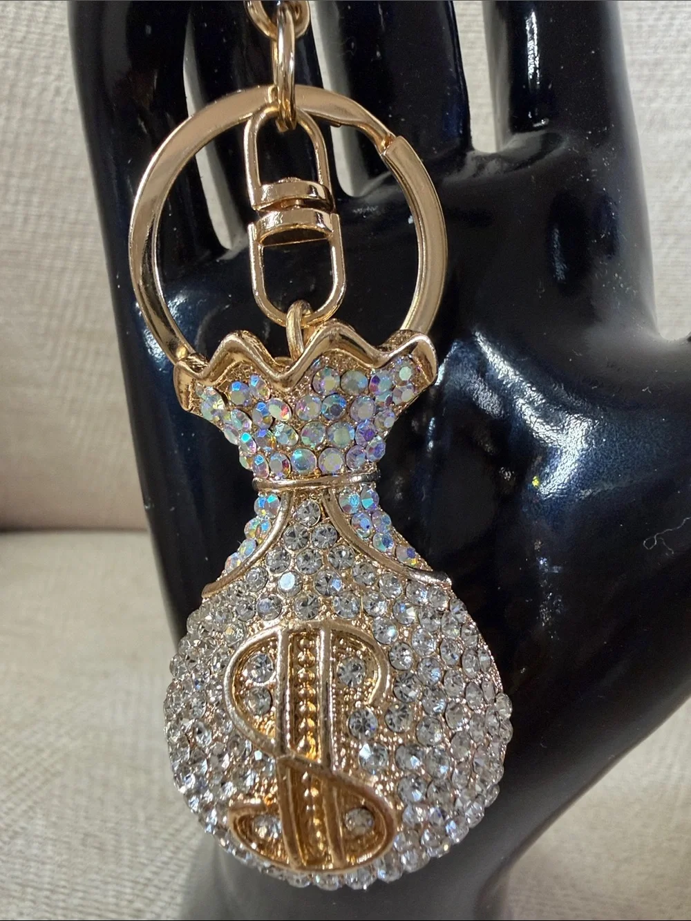Gold Rhinestone Money Bag Keychain - Sparkling Crystal Accent